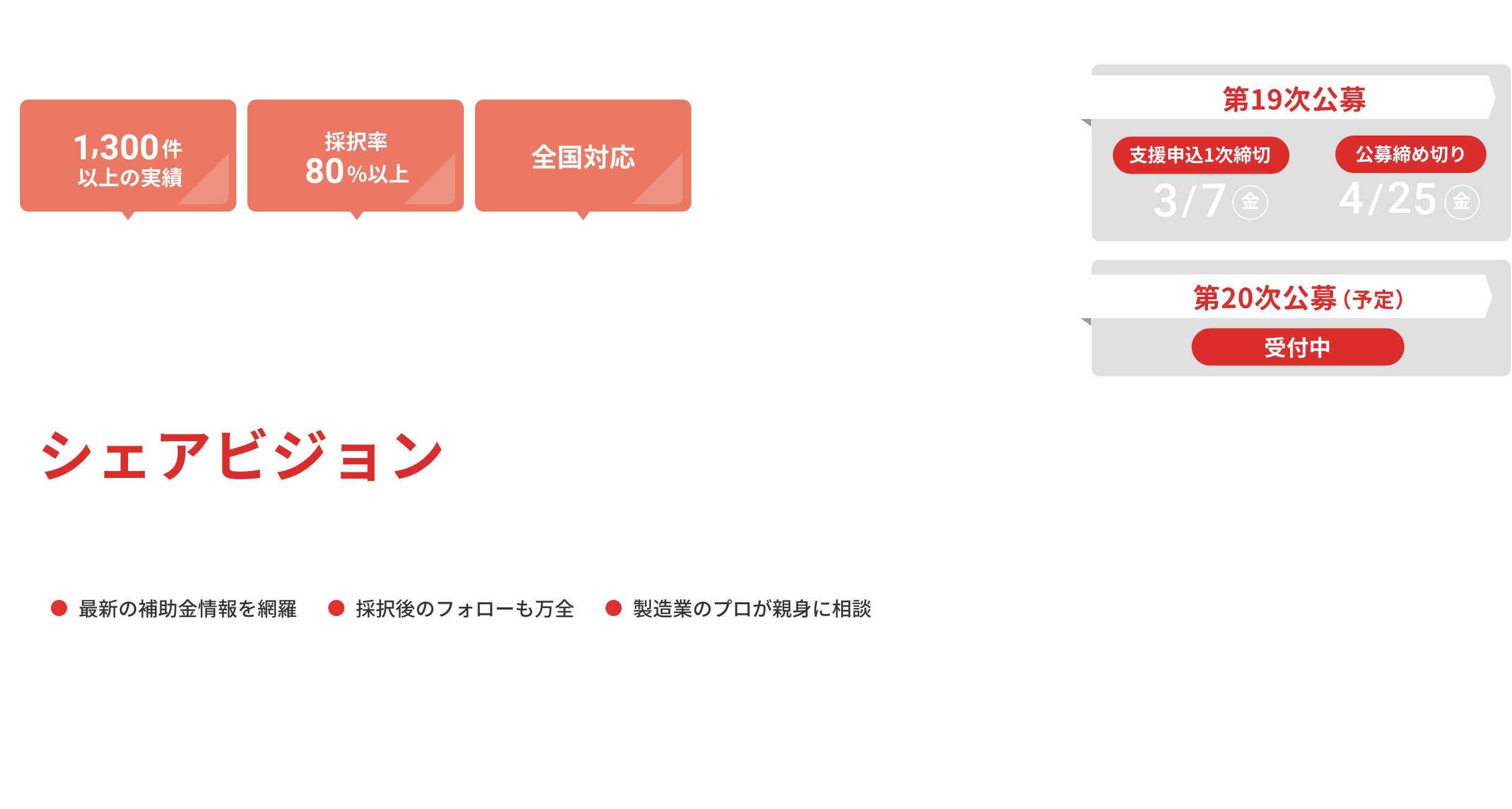 「1,300件以上の実績」「採択率80%以上」「全国対応」 ものづくり補助金申請支援ならシェアビジョンにまず相談ください。 ●最新の補助金情報を網羅 ●採択後のフォローも万全 ●製造業のプロが親身に相談