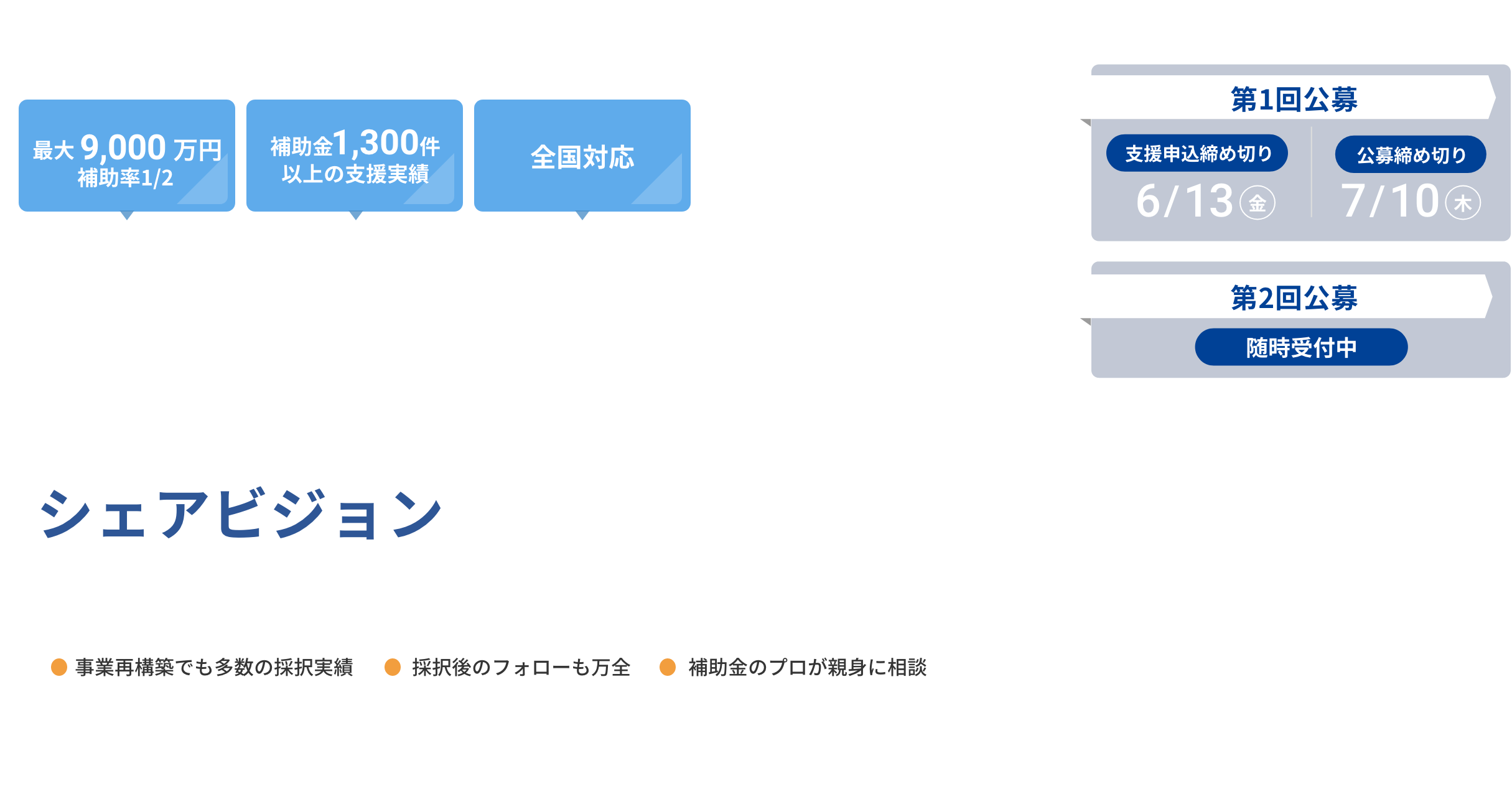 「最大1億円（一般型）」「補助金1,300件以上の支援実績」「全国対応」 中小企業新事業進出補助金申請支援ならシェアビジョンにまず相談ください。 ●最新の補助金情報を網羅 ●採択後のフォローも万全 ●製造業のプロが親身に相談