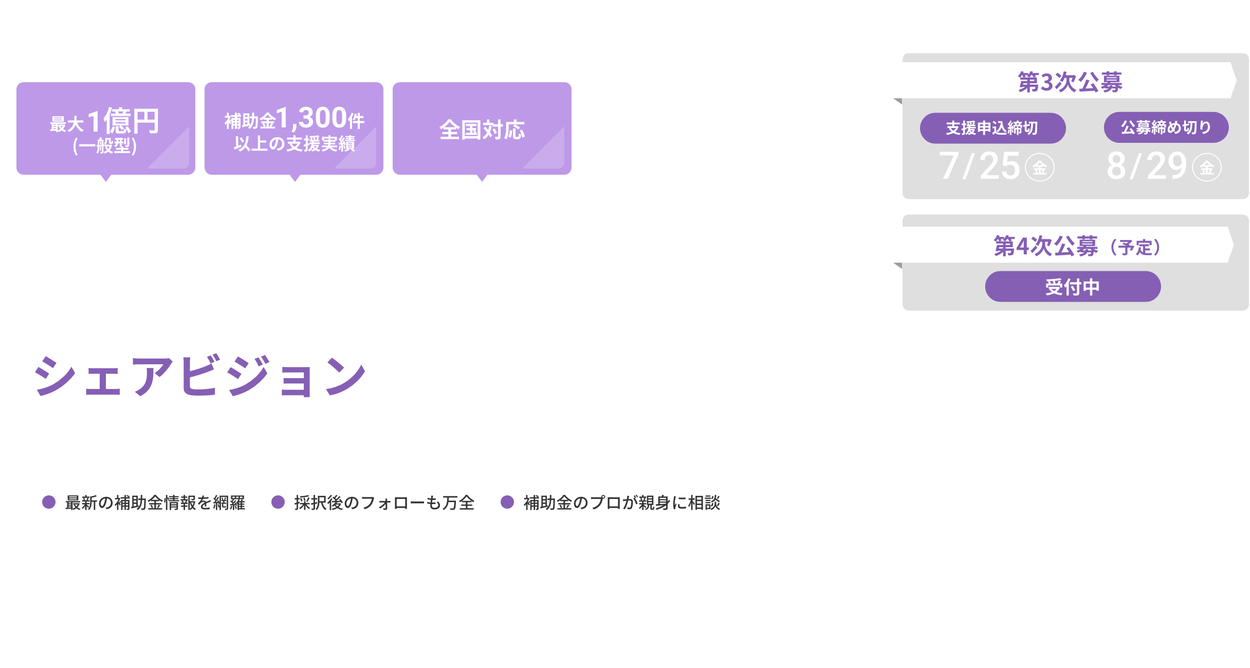 「最大1億円（一般型）」「補助金1,300件以上の支援実績」「全国対応」 省力化投資補助金申請支援ならシェアビジョンにまず相談ください。 ●最新の補助金情報を網羅 ●採択後のフォローも万全 ●製造業のプロが親身に相談